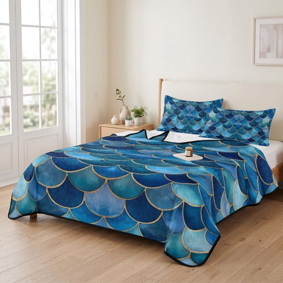 Abstract Geometric Patchwork 3 Pieces Quilt Set,1 Quilt with 2 Shams,Retro Blue Gradient Pattern Bedspread Soft Lightweight Bedding Coverlet Comforter Set for All Season 90"x96"
