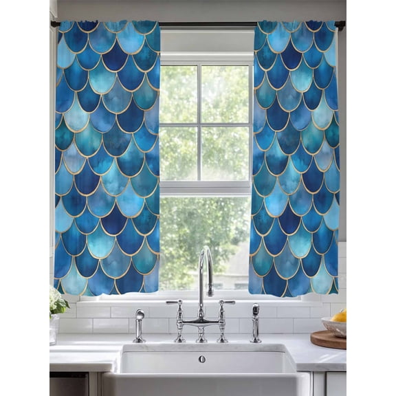 Abstract Geometric Patchwork Sheer Curtains 2 Panels Set Retro Blue Gradient Pattern Lihgt Filtering Rod Pocket Voile Drape,Semi Sheer Window Curtains for Bedroom Living Room,52"x72"