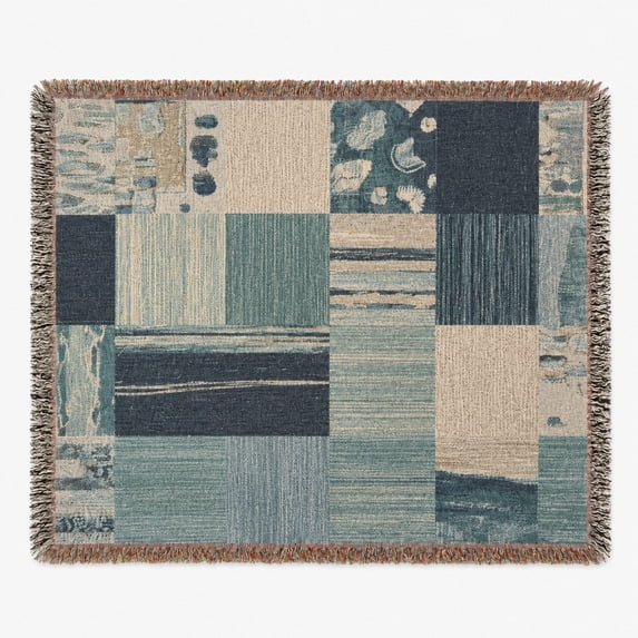 Patchwork Abstract Geometric Patchwork Teal, Navy and Beige Woven Throw Blanket ...