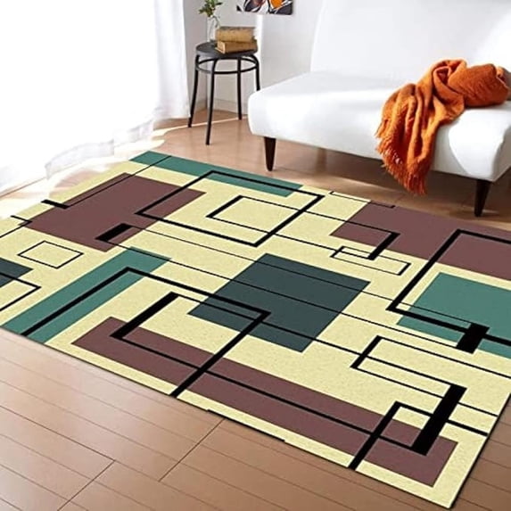 Abstract Geometric Pattern Area Rug, Beige Blue Rectangle Black Lines Print Large Rugs, Washable Breathable Durable Carpet For Room Sofa Living Room Mat Bedroom Home Decor 4x6ft
