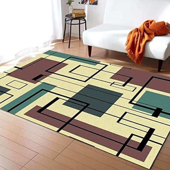 Abstract Geometric Pattern Area Rug, Beige Blue Rectangle Black Lines Print Large Rugs, Washable Breathable Durable Carpet For Room Sofa Living Room Mat Bedroom Home Decor 1x2ft