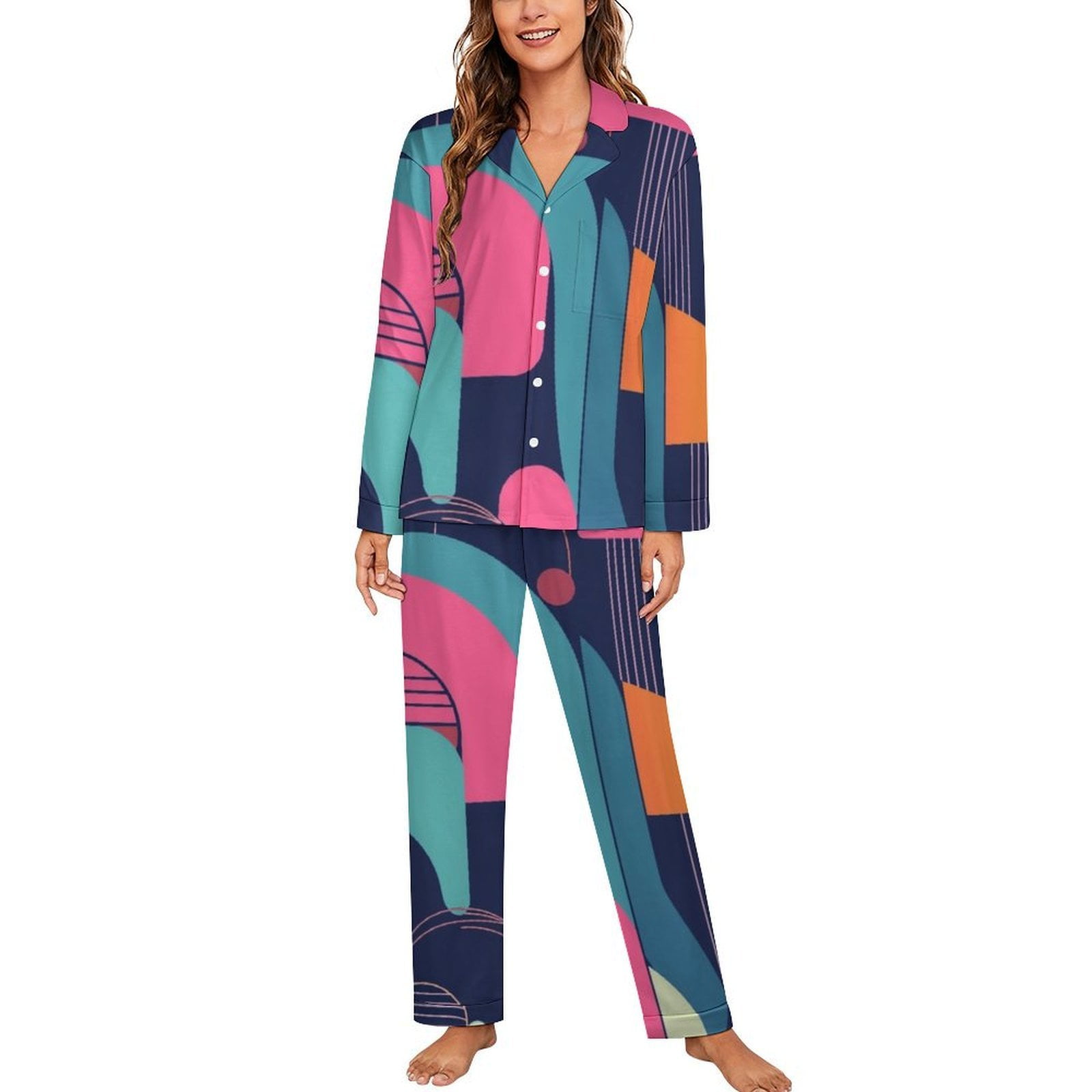 Abstract Geometric Pattern Pajamas Night V Neck Nightwear Lady Two ...
