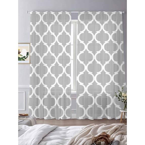 Abstract Geometric Pattern Sheer Curtains 2 Panels Set Modern Morocco Gray White Style Lihgt Filtering Rod Pocket Voile Drape,Semi Sheer Window Curtains for Bedroom Living Room,52"x84"
