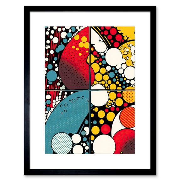 Abstract Geometric Patterns and Bubbles Comic Book Style Red Blue Yellow White Pop Art Halftone Artwork Framed Wall Art Print 9X7 Inch