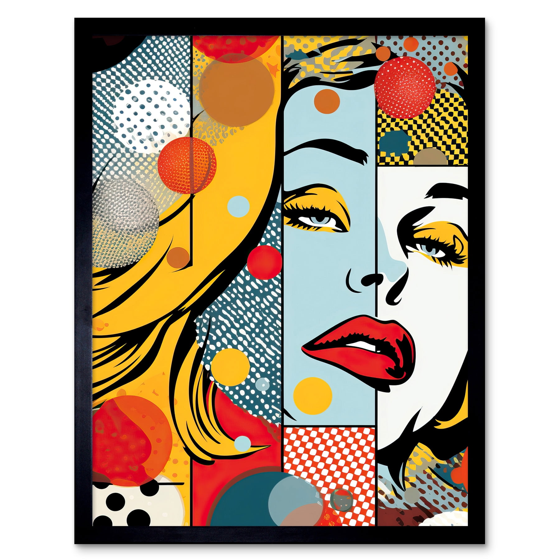 Abstract Geometric Patterns and Bubbles with Woman Face Comic Book Style  Pop Art Halftone Large Wall Art Poster Print Thick Paper 18X24 Inch