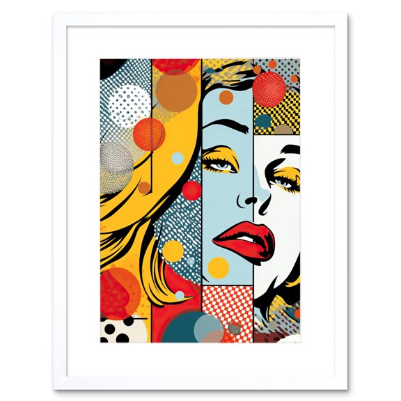 Abstract Geometric Patterns and Bubbles with Woman Face Comic Book Style Pop Art Halftone Artwork Framed Wall Art Print 9X7 Inch