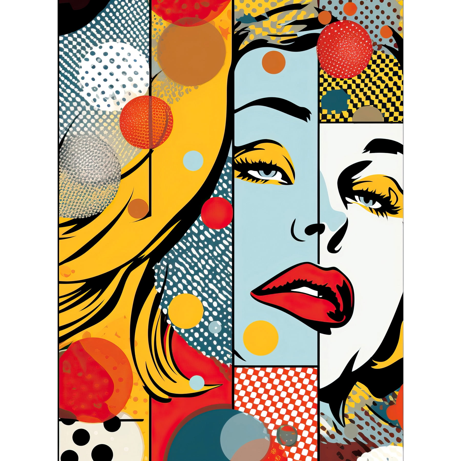 Abstract Geometric Patterns and Bubbles with Woman Face Comic Book Style  Pop Art Halftone Art Print Framed Poster Wall Decor 12x16 inch