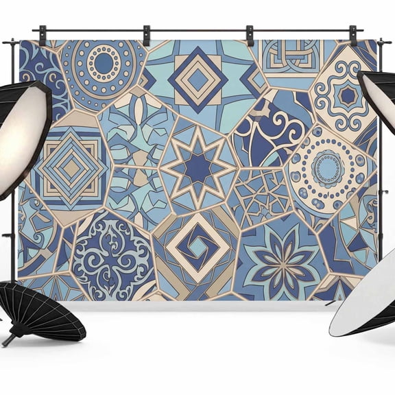 Abstract Geometric Photography Backdrop 7x5FT, Blue Yellow Flower Polygon Patchwork Art Photo Backdrops, Background for Photography Studio Photo Studio Background, Back Drop for Photoshoot