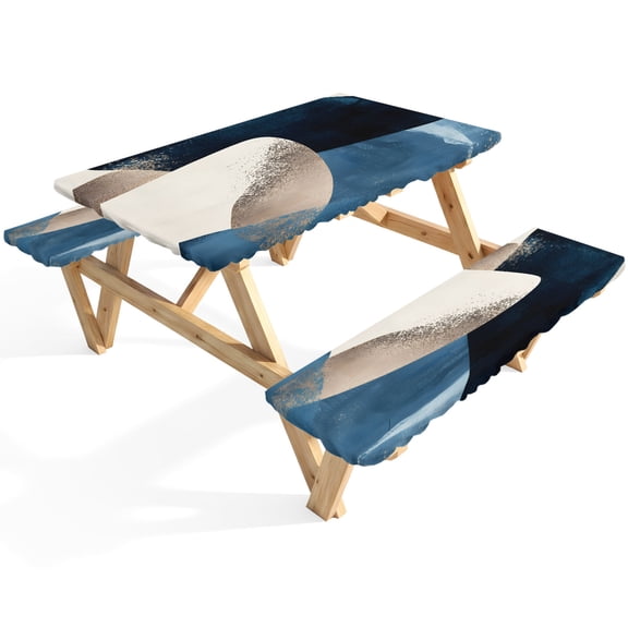 Abstract Geometric Picnic Table Cover with Bench Covers Dynamic Gold Deep Blue Art Waterproof Fitted Picnic Tablecloth 3 Pieces Set Table Cloth for Outdoor Camping Garden BBQ