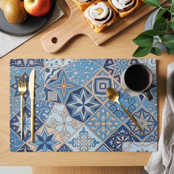 Abstract Geometric Placemats Set of 1, Blue Yellow Flower Checkered Patchwork Heat Insulated Linen Place Mats, Washable Stain-Proof Table Mats for Dining Tables Holiday Decor 13x19 Inches