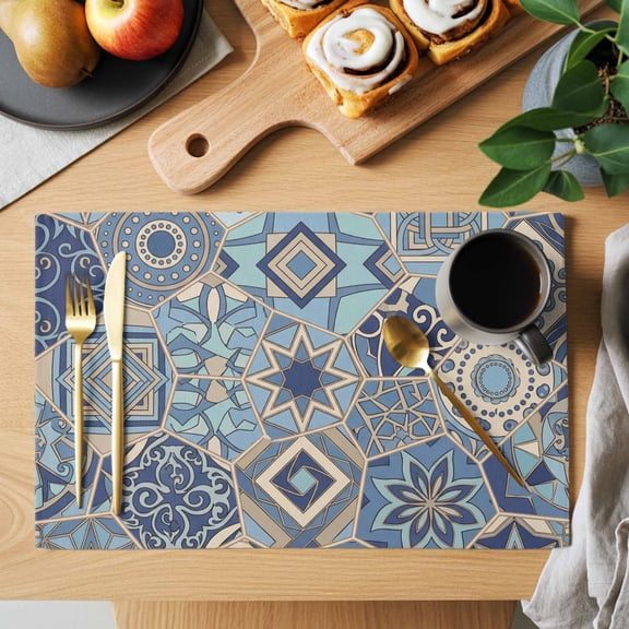 Abstract Geometric Placemats Set of 1, Blue Yellow Flower Polygon Patchwork Art Heat Insulated Linen Place Mats, Washable Stain-Proof Table Mats for Dining Tables Holiday Decor 13x19 Inches