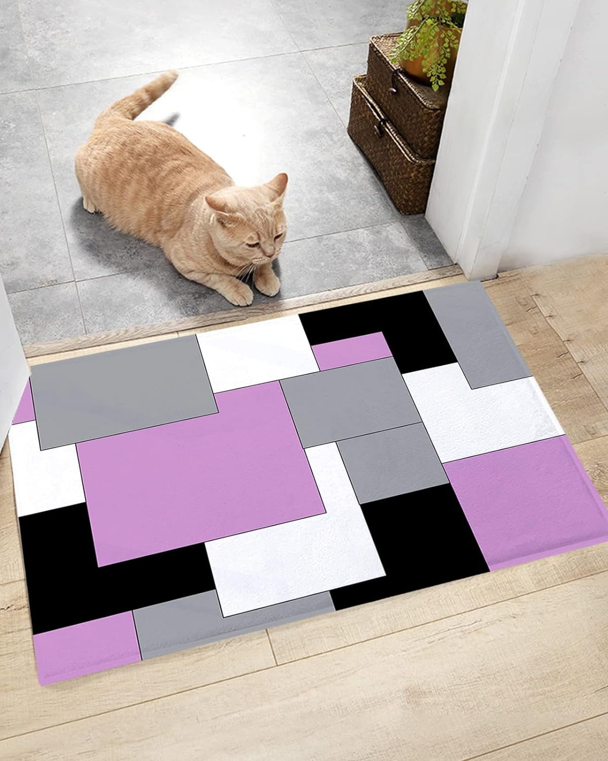 Abstract Geometric Plaid Bathroom Shag Mat NonSlip Absorbent Shaggy