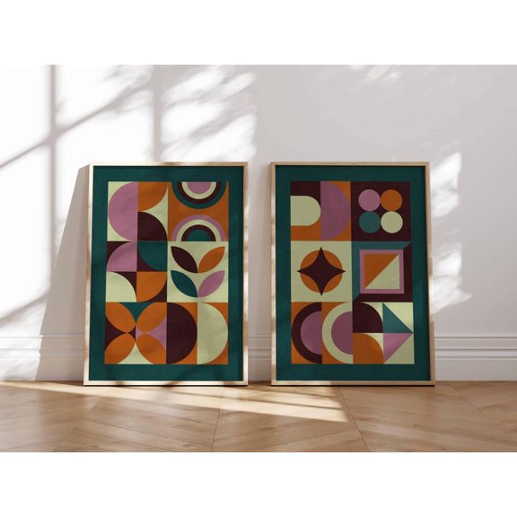 Abstract Geometric Poster Mid Century Prints Colorful Teal Orange Plum Retro Boho Wall Art Decor Set 2