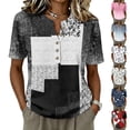 thumbnail image 1 of Abstract Geometric Print Henley Blouse for Women - Short Sleeve V-Neck Button Down Tunic, Casual Loose Fit Summer Top White XXL, 1 of 9