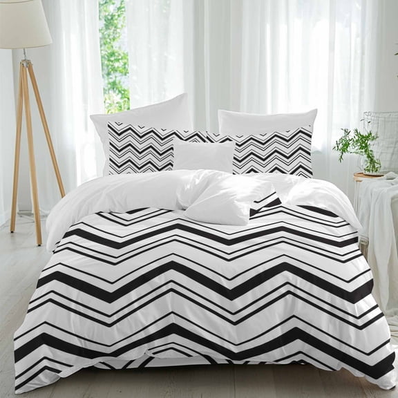 Abstract Geometric Queen Duvet Cover Set, Ripple Stripe Chevron Black and White 4 Piece Microfiber Bedding Set with Zipper Closure, Bed Sheet and 2 Pillow Shams, Soft Bedding Cover