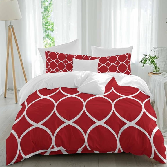 Abstract Geometric Queen Size Comforter Set, White Twisted Lines Red Background Bedding for All Seasons, 4 Pcs Bed Set, 1Quiltcover (90"x92") ,1Sheet(94"x116"), 2Pillowcases (30"x20")