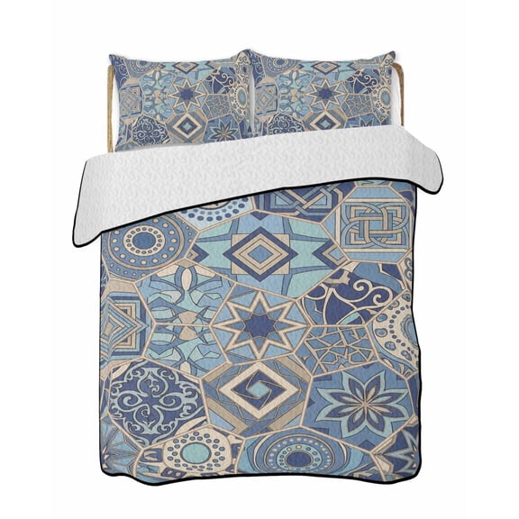 Abstract Geometric Quilts Bedding Set Queen Size Blue Yellow Flower Polygon Patchwork Art Lightweight Quilted Bedspread 3 Piece Bed Quilt with 2 Pillow Shams All Season for Bedroom 78" x 90"