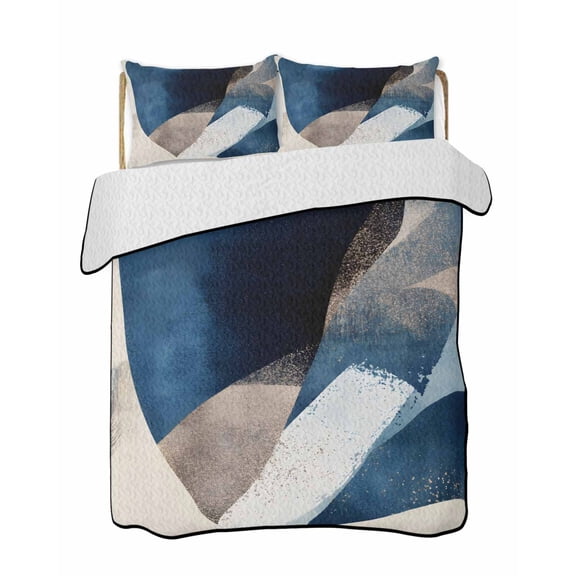 Abstract Geometric Quilts Bedding Set Twin Size Blue Gold White Dynamic Texture Lightweight Quilted Bedspread 3 Piece Bed Quilt with 2 Pillow Shams All Season for Bedroom 68" x 86"
