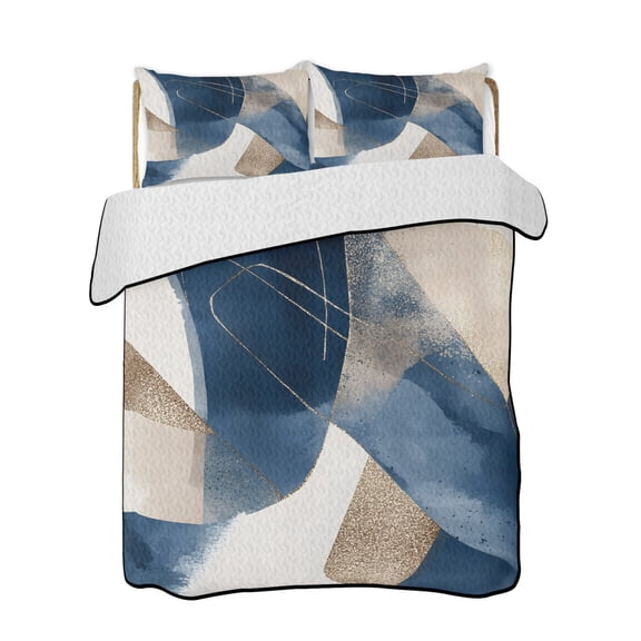 Abstract Geometric Quilts Bedding Set Twin Size Gold Blue Dynamic Texture Lightweight Quilted Bedspread 3 Piece Bed Quilt with 2 Pillow Shams All Season for Bedroom 68" x 86"