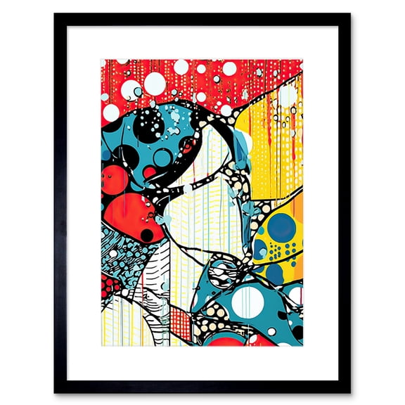 Abstract Geometric Rain Patterns and Bubbles Bright Colourful Acrylic Painting Pop Art Halftone Artwork Framed Wall Art Print 9X7 Inch
