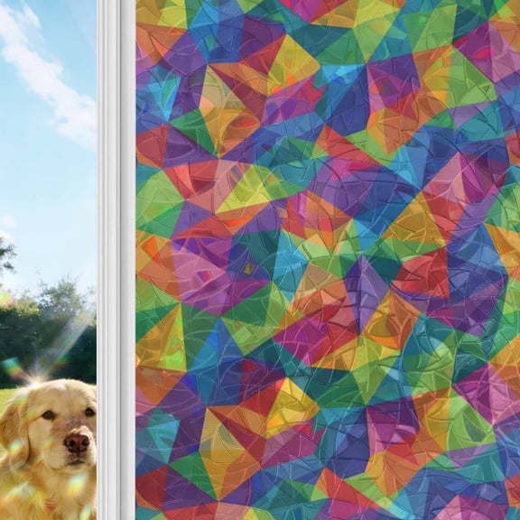 Abstract Geometric Rainbow Window Privacy Film, Color Modern Artificial Shape Stained Glass Window Film, Sun Blocking Glass Clings Static Cling Non Adhesive Door Stickers 17.7 x 78.7 Inches