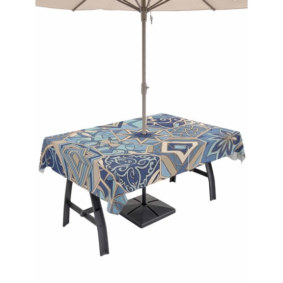Abstract Geometric Rectangle Outdoor Tablecloth with Umbrella Hole Blue Yellow Flower Polygon Patchwork Art 52x70 Inch Waterproof Table Cover Zippered Table Cloth for Garden Patio