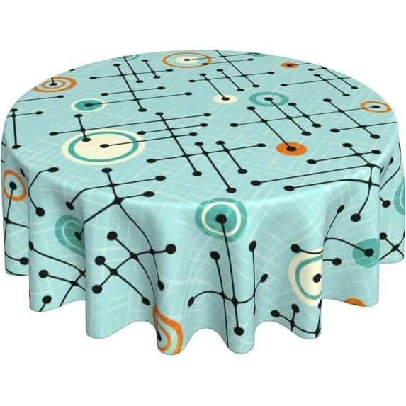 Abstract Geometric Retro Mid Century Lines Circle Round Tablecloth Waterproof Wipeable Tablecloth Cover Home Restaurant Kitchen Picnic Party Decoration 60 Inch Circular Tablecloth for 20-47 Inch