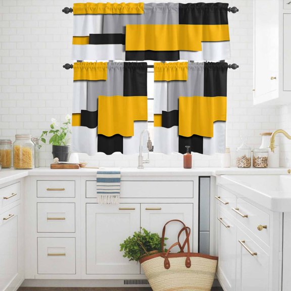 Abstract Geometric Retro Patchwork Curtain Tier and Valance Set 3 Piece,Yellow Grey Black 3-inch Rod Pocket Window Tier Curtains Valance for Kitchen Living Room