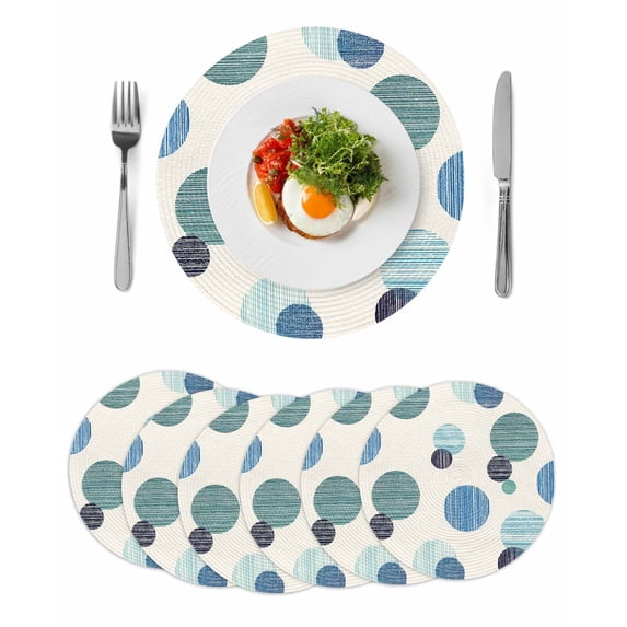 Abstract Geometric Round 13 Inch Placemats Set of 6, Farmhouse Vintage Polka Dot Teal Blue HeatResistant Non Slip Place Mats for Dining Table, Wipeable Braided Kitchen Table Mats for Housewarming