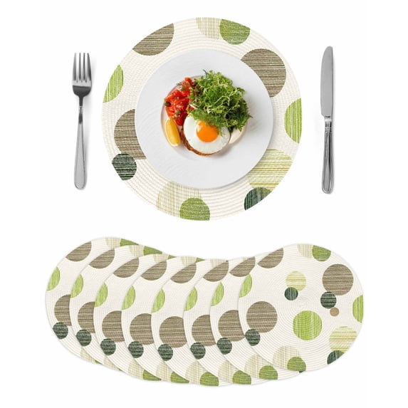 Abstract Geometric Round 15 Inch Placemats Set of 8, Farmhouse Vintage Polka Dot Green HeatResistant Non Slip Place Mats for Dining Table, Wipeable Braided Kitchen Table Mats for Housewarming