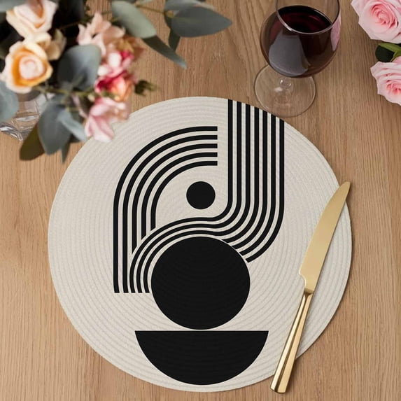 Abstract Geometric Round Braided Placemats Set of 8, Modern Minimalist Black Line Circle Beige Heat Insulation Place Mats Washable Non-Slip Table Mats for Kitchen Dining Party, 13 Inches