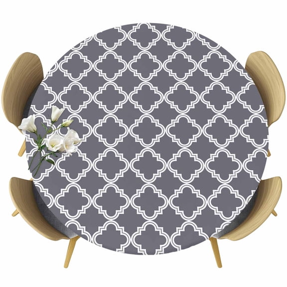 Abstract Geometric Round Fitted Table Cover Dark Grey Moroccan Trellis Waterproof Table Cloth with Elastic Edge Wipeable Tablecloth for Picnic Camping Party Fits 36"-44" Diameter