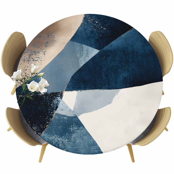 Abstract Geometric Round Fitted Table Cover Dynamic Blue Gold Beige Art Waterproof Table Cloth with Elastic Edge Wipeable Tablecloth for Picnic Camping Party Fits 36"-44" Diameter