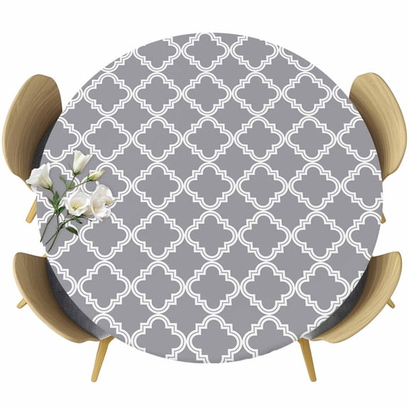 Abstract Geometric Round Fitted Table Cover Gray Moroccan Trellis Waterproof Table Cloth with Elastic Edge Wipeable Tablecloth for Picnic Camping Party Fits 36"-44" Diameter