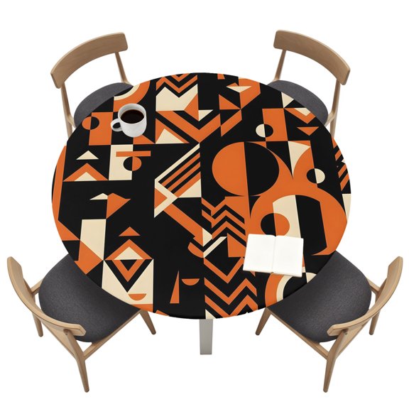 Abstract Geometric Round Fitted Table Cover Orange Bold Shapes Graphic Modern Black Cream Waterproof Table Cloth with Elastic Edge Wipeable Tablecloth for Picnic Camping Party Fits 45"-54" Tables