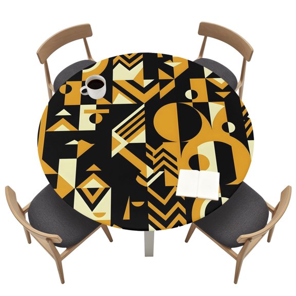 Abstract Geometric Round Fitted Table Cover Yellow Bold Shapes Graphic Modern Black Cream Waterproof Table Cloth with Elastic Edge Wipeable Tablecloth for Picnic Camping Party Fits 36"-44" Tables