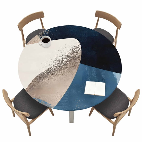 Abstract Geometric Round Fitted Tablecloth Dynamic Gold Deep Blue Art Waterproof Elastic Stretch Table Cover for 36"-44" Round Table, Oil Proof Tablecloth for Picnic Party Dinner