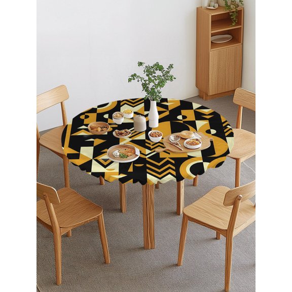 Abstract Geometric Round Fitted Tablecloth with Elastic Edge, Yellow Bold Shapes Graphic Modern Black Cream Waterproof Stretch Table Covers for 36"-44" Tables Wipeable Table Cloth for Outdoor