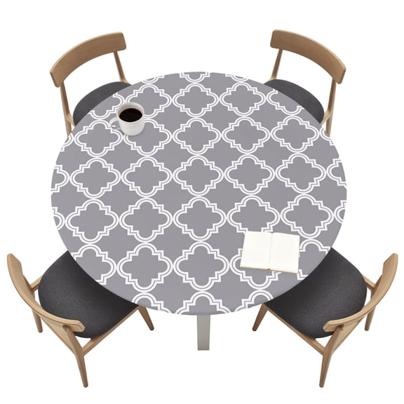 Abstract Geometric Round Fitted Tablecloth Gray Moroccan Trellis Elastic Table Cloth Waterproof Oil Proof Table Cover Fits 36"-44" Round Tables for Party Picnic Dinner Decor
