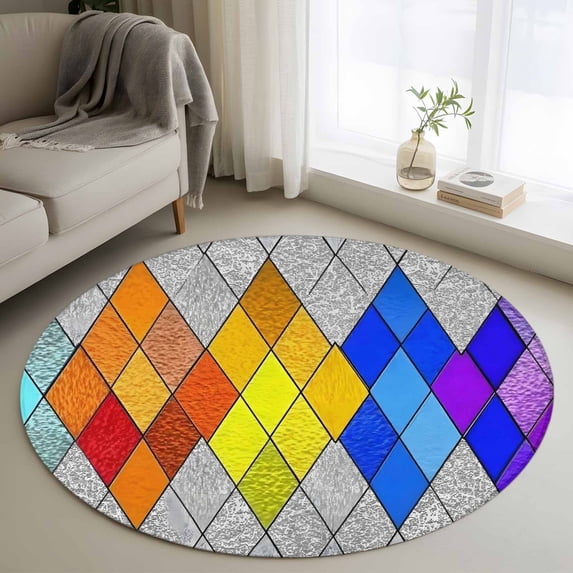 Abstract Geometric Round Living Room Rugs 3.3 ft, Modern Gradient Argyle Glass Colored Blocks Washable Area Rug with Non-Slip Sturdy Edge Binding Round Front Door Mat Floor Carpet for Entryway