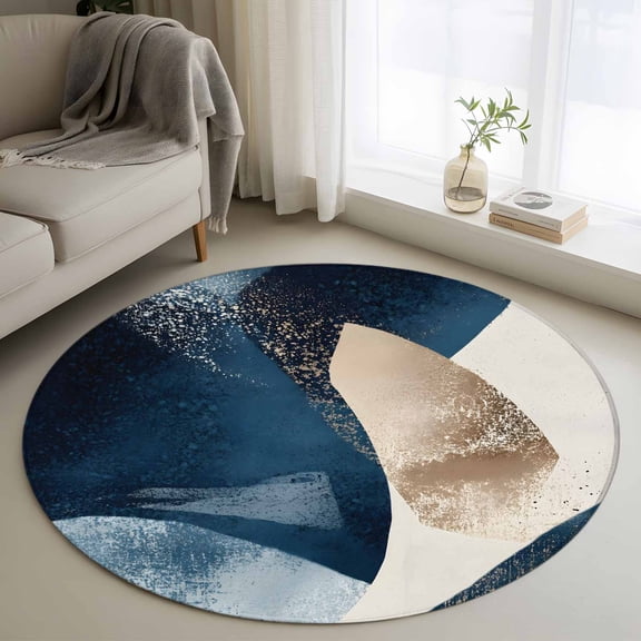 Abstract Geometric Round Rugs for Living Room 3ft Dynamic Deep Blue Gold Art Non Slip Circle Rug Washable Low-Profile Indoor Carpet for Bedroom, Dining Room, Bathroom