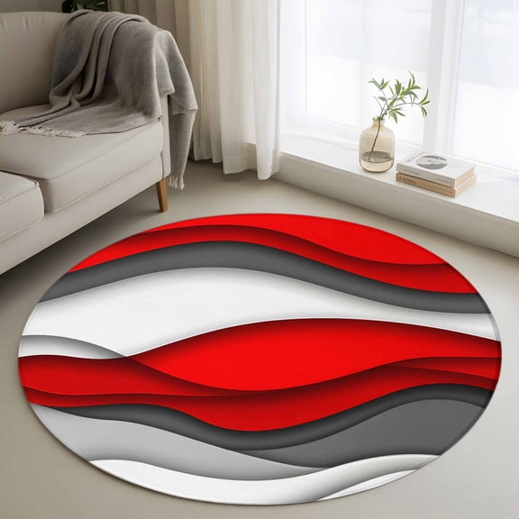 Abstract Geometric Round Rugs for Living Room 3ft Red Gray Gradient Waves Contemporary Non Slip Circle Rug Washable Low-Profile Indoor Carpet for Bedroom, Dining Room, Bathroom
