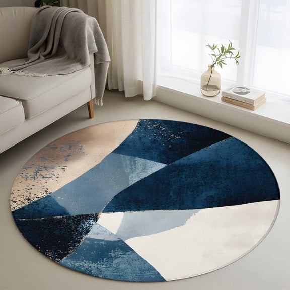 Abstract Geometric Round Rugs for Living Room 4ft Dynamic Blue Gold Beige Art Non Slip Circle Rug Washable Low-Profile Indoor Carpet for Bedroom, Dining Room, Bathroom