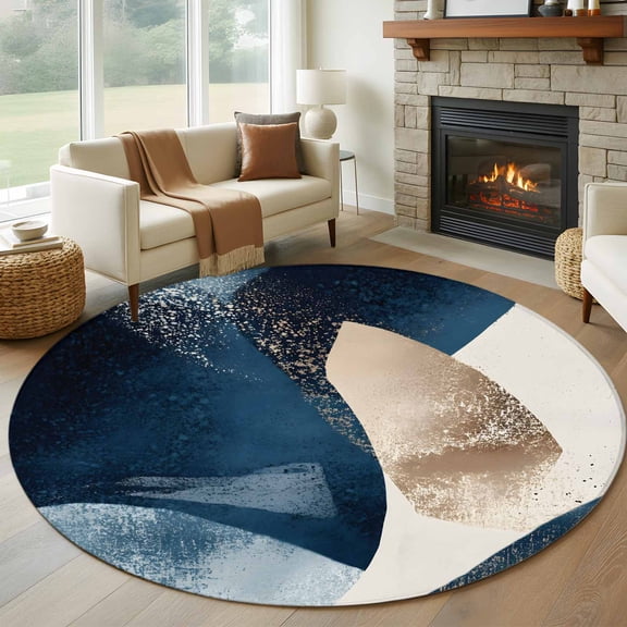 Abstract Geometric Round Rugs for Living Room 6ft Dynamic Deep Blue Gold Art Non Slip Circle Rug Washable Low-Profile Indoor Carpet for Bedroom, Dining Room, Bathroom