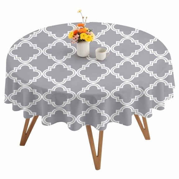 Abstract Geometric Round Tablecloth 54 inches Gray Moroccan Trellis Waterproof Oil-Proof Table Cloth Round Table Cover for Holiday Party Picnic Dinner Decor Indoor and Outdoor Use