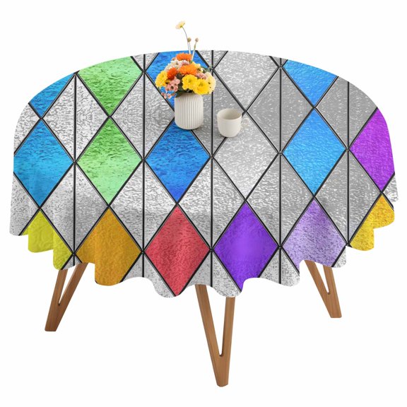 Abstract Geometric Round Tablecloth 60 inches Modern Rainbow Argyle Color Blocks Stripe Waterproof Oil-Proof Table Cloth Round Table Cover for Holiday Party Picnic Dinner Decor Indoor and Outdoor Use