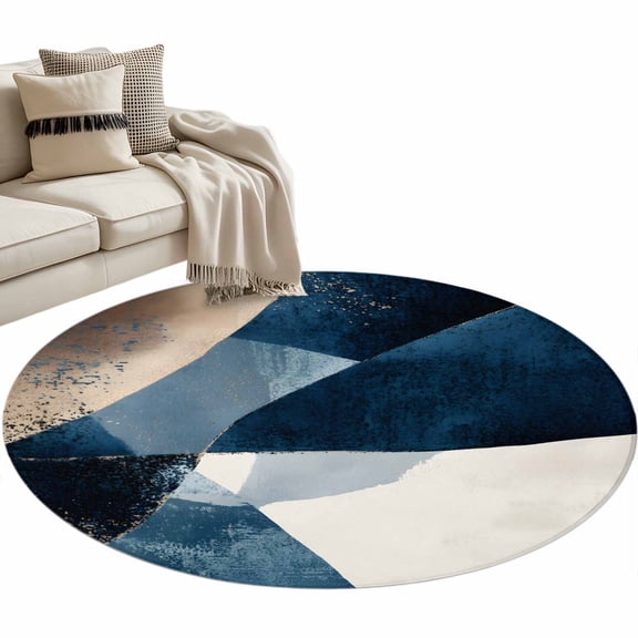 Abstract Geometric Round Area Rug 3 ft Dynamic Blue Gold Beige Art Washable Rugs for Living Room, Non Slip Soft Carpet for Bedroom Entryway Dining Room