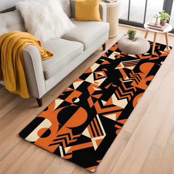 Abstract Geometric Runner Rug 2'x6' Orange Bold Shapes Graphic Modern Black Cream Hallway Runner Rugs Washable Non-Slip Bedside Floor Mats Carpet for Kitchen Bedroom Laundry Room Bathroom
