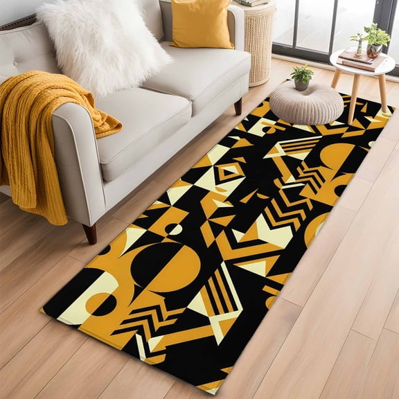 Abstract Geometric Runner Rug 2'x6' Yellow Bold Shapes Graphic Modern Black Cream Hallway Runner Rugs Washable Non-Slip Bedside Floor Mats Carpet for Kitchen Bedroom Laundry Room Bathroom