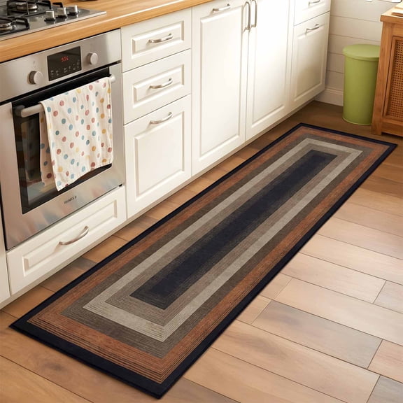 Abstract Geometric Runner Rug for Hallway 2x6ft, Black and Brown Wood Grain Texture Border Non Slip Floor Mat Washable Low-Profile Indoor Carpet for Living Room, Bedroom, Dining Room